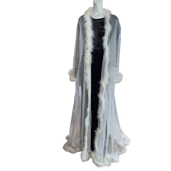 Kikiriki FeatherTrimmed Sheer Mesh Wide Sleeve Long Robe Size Small Off White NW - Picture 6 of 8
